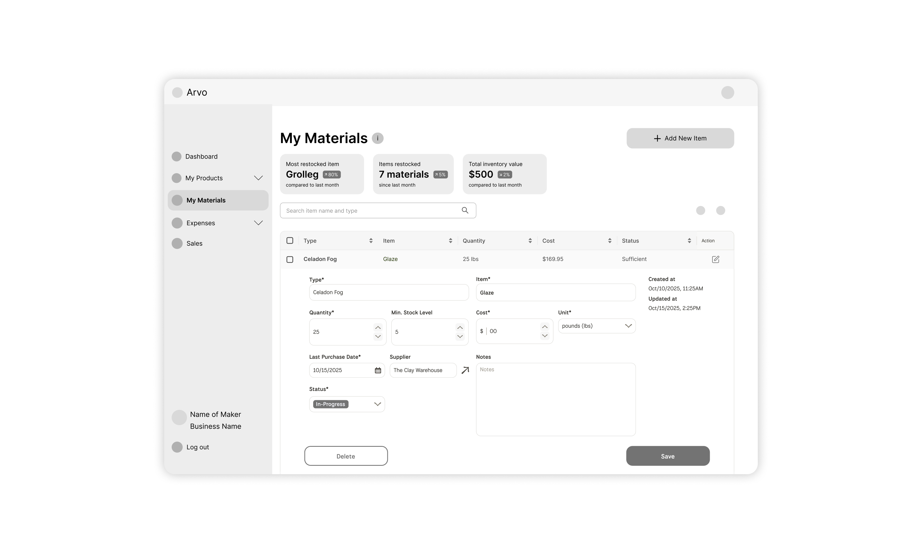 Arvo Materials Wireframes